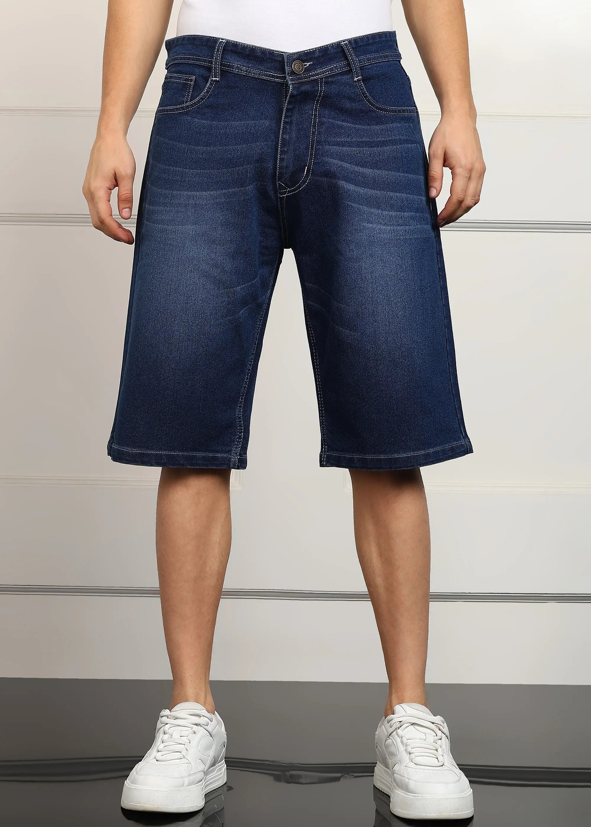 Fashionistaa  Solid Men Denim Dark Blue Baggy Shorts
