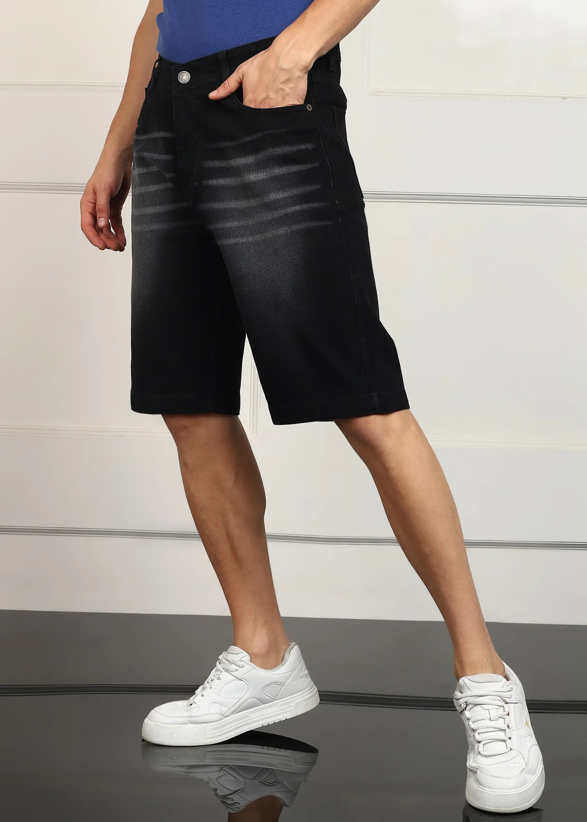Fashionistaa  Solid Men Denim Dark Grey Baggy Shorts